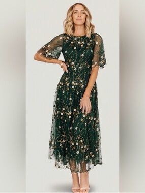 Baltic Born Dark Green Floral Embroidered Maxi Dress